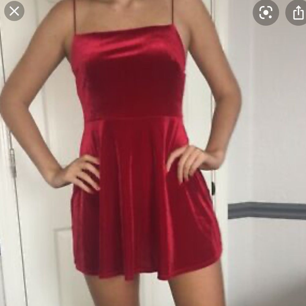 UO Straight Neck Red Velvet Skater Dress - Picture 3 of 8